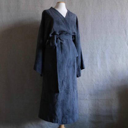 Block printed linen bathrobe logwood dye