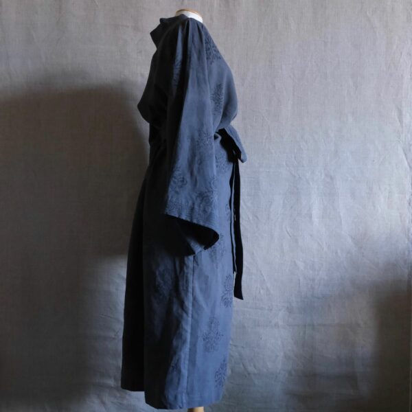 Block printed linen bathrobe logwood dye