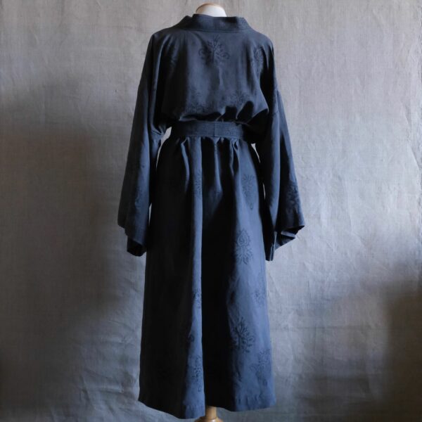 Block printed linen bathrobe logwood dye
