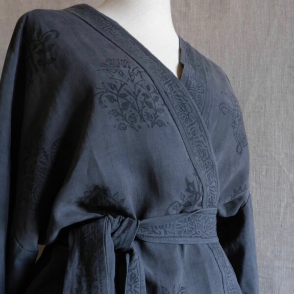 Block printed linen bathrobe logwood dye