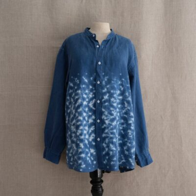 Indigo nuishibori on linen shirt