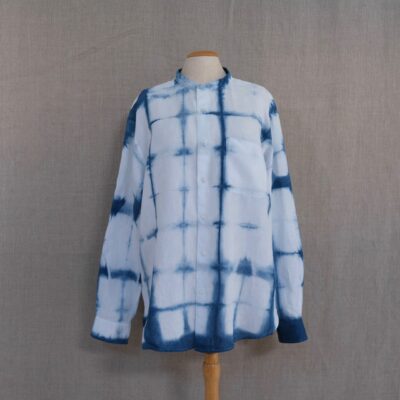 Indigo itajime shibori on a linen shirt