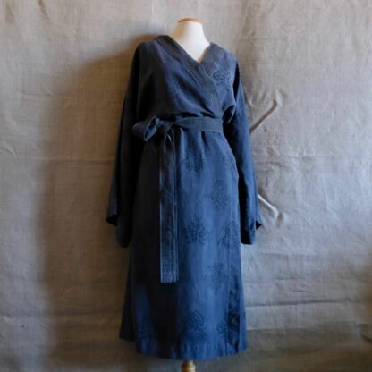 Linen block printed bathrobe logwood dye