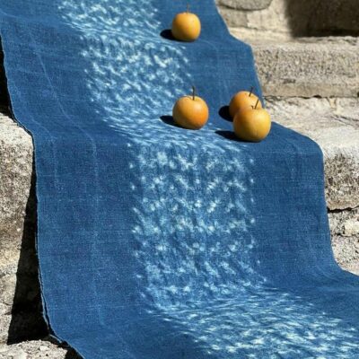 Hemp table runner in indigo shibori