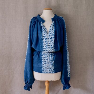 Vintage linen shirt dyed with indigo shibori