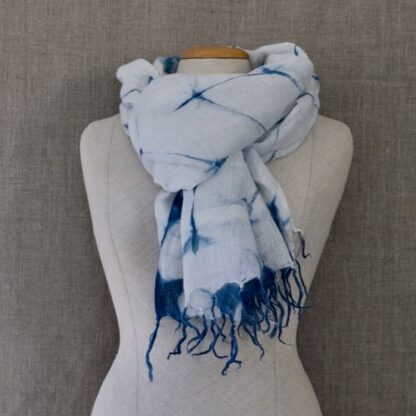 Linen scarf in indigo itajime shibori