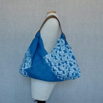 Indigo shibori linen handbag