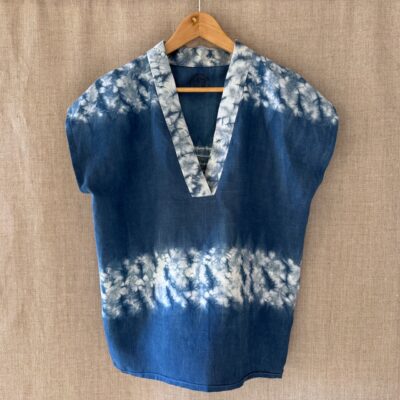Indigo shibori on antique linen top
