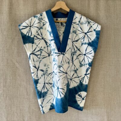Indigo shibori on antique linen top