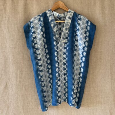 Indigo shibori on antique linen top