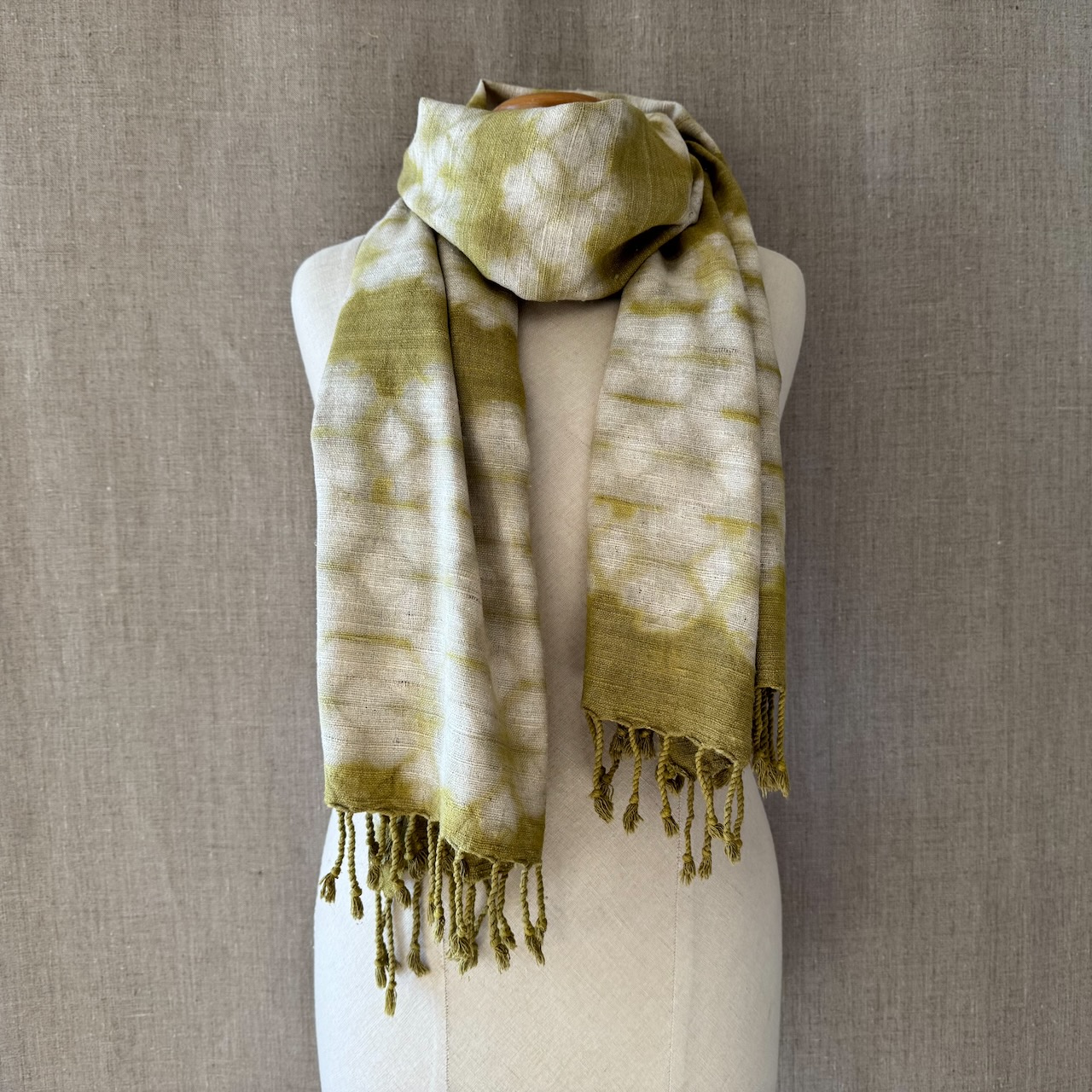 Eri silk scarf dyed in Reseda shibori