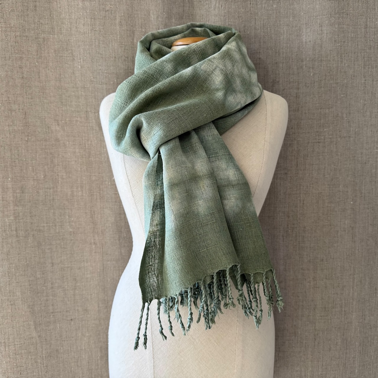 Eri silk scarf dyed in Reseda and indigo shibori