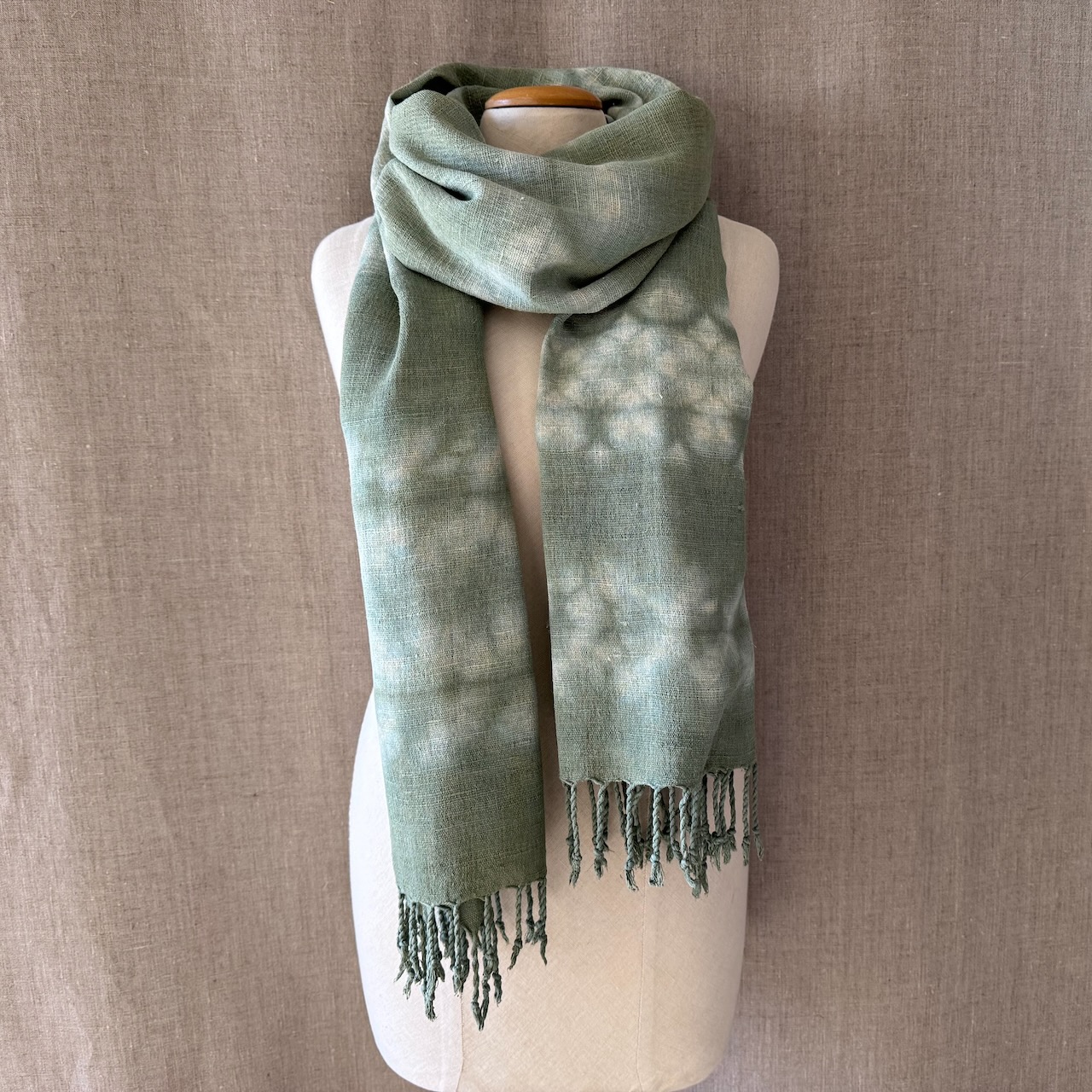 Eri silk scarf dyed in Reseda and indigo shibori